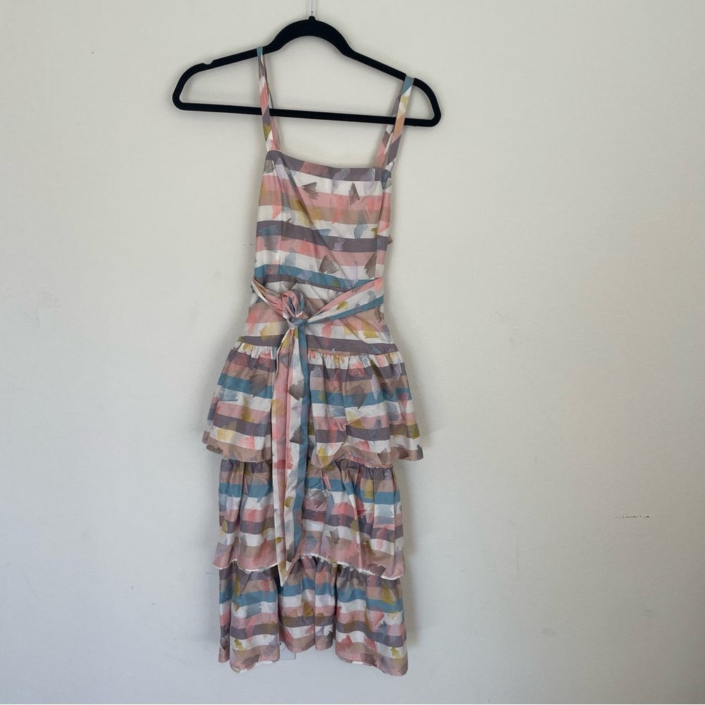 Willa Story Isla Dress in Pastel Multi Brush Stroke Striped Midi Tiered Dress